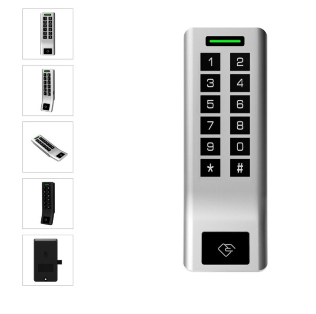 Close-up of silver smart locker lock with keypad and card reader