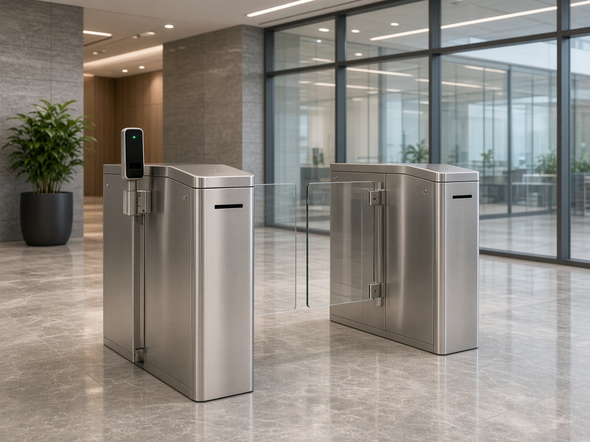 Person swing gates in office lobby